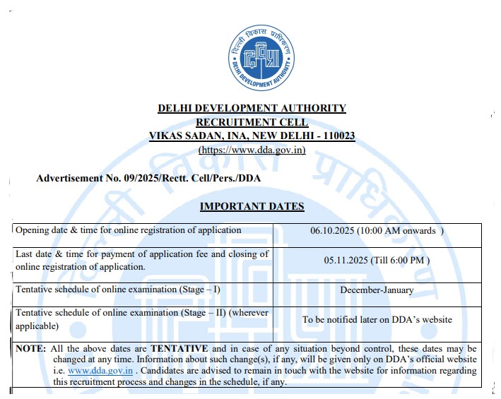 DDA Various Post Recruitment 2025
