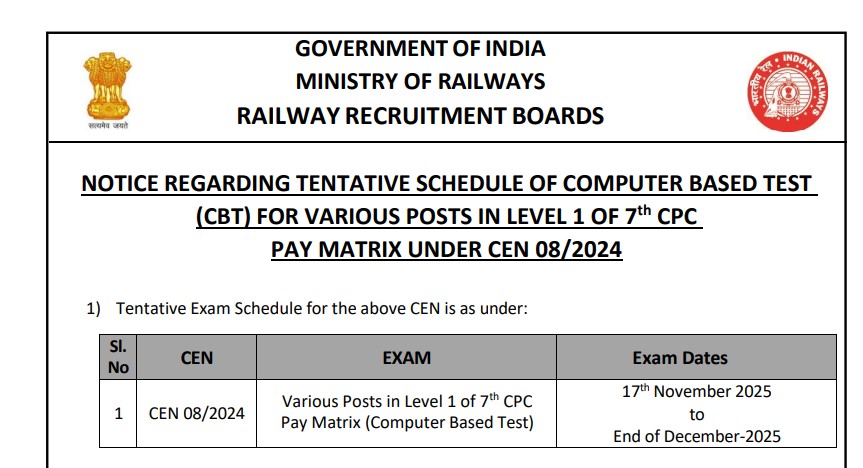 Railway RRB Group D Exam Date 2025